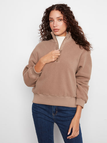 Taupe fleece pullover with ribbed cuffs for a cozy feel by Charlie B.