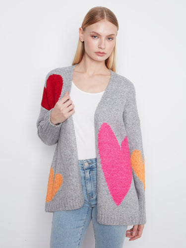 Heather-grey cardigan with colorful heart prints and drop shoulders, offering a relaxed fit by Charlie B.