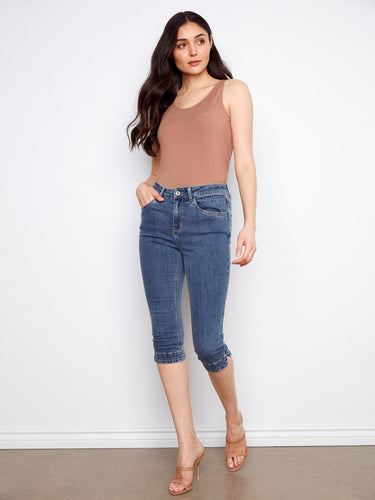 Comfortable blue knee-high capri jeans with a stylish five-pocket design, ideal for everyday wear by Charlie B.