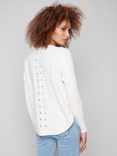 Chic ecru sweater with elegant back lace-up eyelet details adding a unique touch by Charlie B.