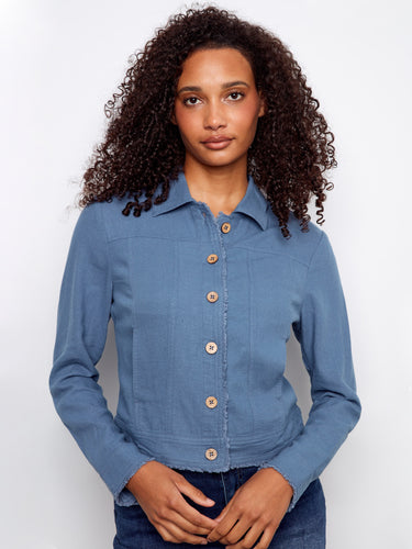 The front button closure on this jacket provides an elegant look while ensuring comfort and style in any setting by Charlie B.