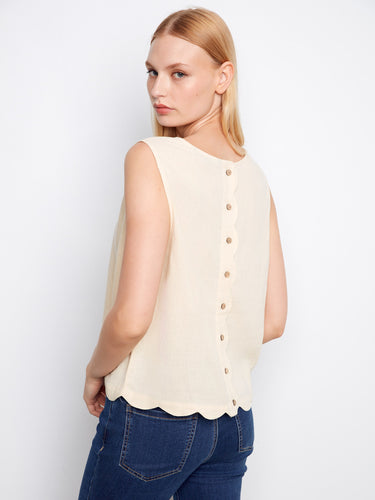 Fog-colored top showcasing decorative back buttons and a flattering scallop hem design by Charlie B.