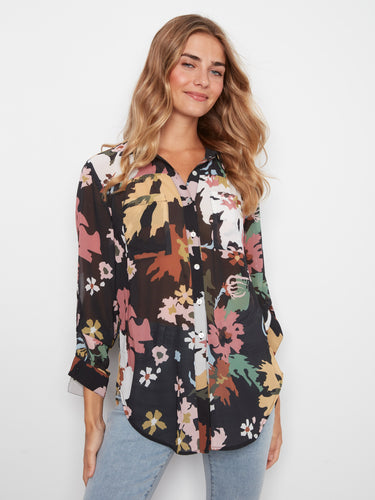 Floral print blouse with a shirt collar and button-front closure, perfect for casual outings by Charlie B.