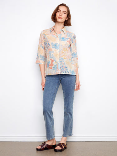 Floral printed blouse with chest pocket detail, adding functionality to style by Charlie B.