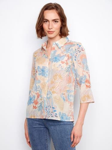 Button-up cotton blend blouse with vibrant abstract print for a chic look by Charlie B.