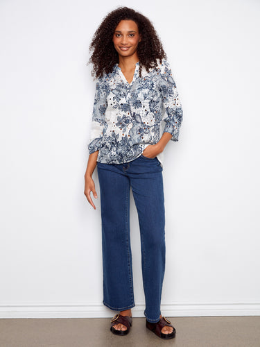 Chic floral blouse with a Henley neckline and stylish chest patch pocket, ideal for casual outings by Charlie B.