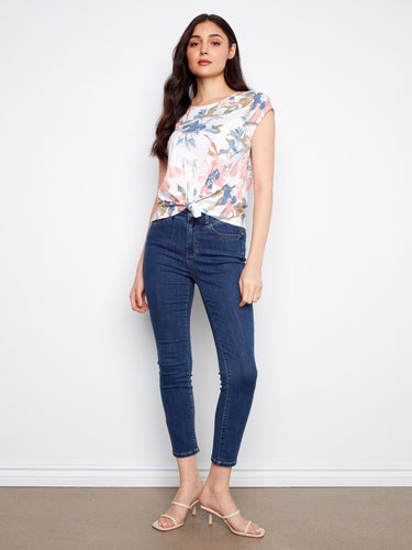 100% cotton floral top featuring a stylish front tie knot at the hem, perfect for casual elegance by Charlie B.