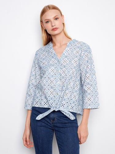 Cotton blouse with intricate eyelet pattern and a stylish Henley neckline, perfect for casual outings by Charlie B.