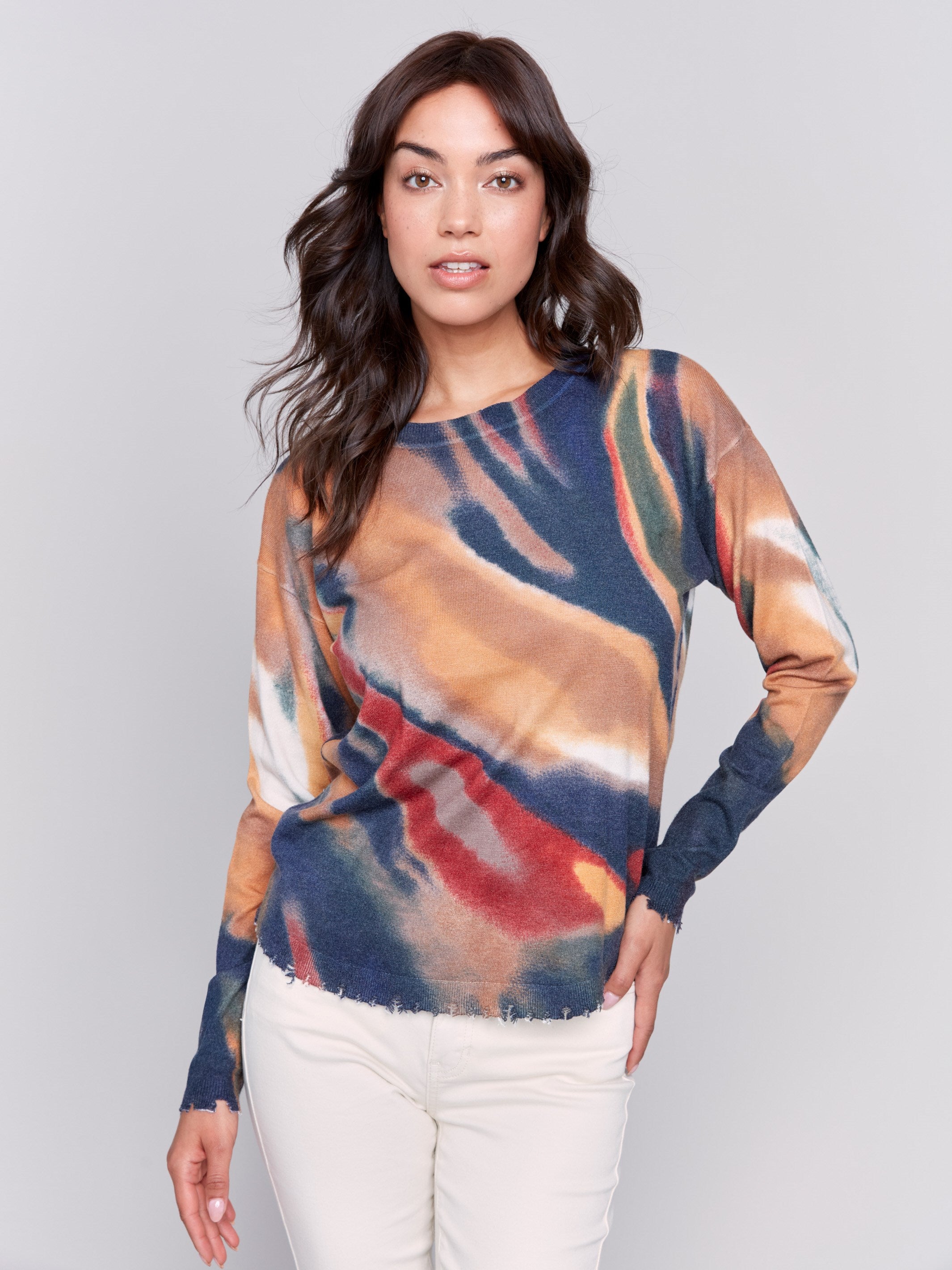 Women’s Printed Frayed Edge Sweater | Spruce | Charlie B