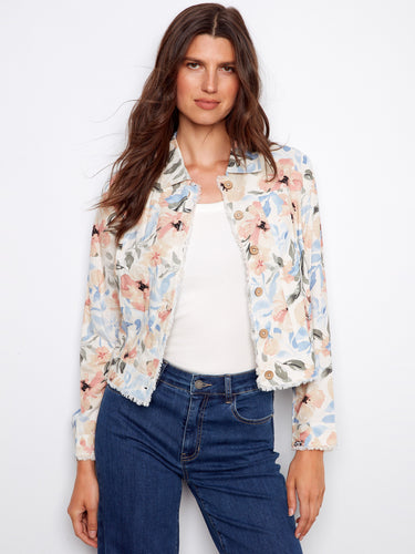 Floral jacket with a short length, featuring a chic button closure and stylish design. Perfect for casual outings. By Charlie B.