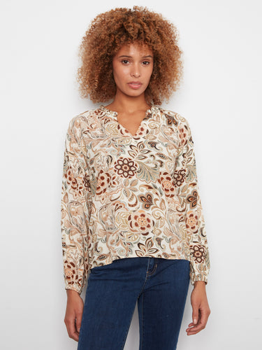 Floral patterned top featuring a stylish notch neckline, perfect for casual outings. Crafted in soft viscose fabric by Charlie B.