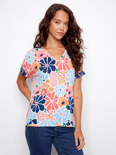 Linen blend floral print t-shirt featuring a stylish V-neckline, perfect for casual outings by Charlie B.