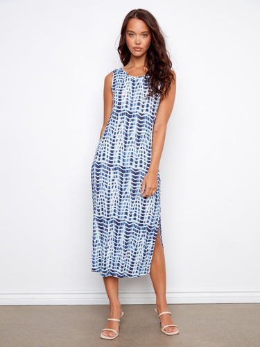 Linen blend dress featuring a scoop neckline and graphic zigzag pattern, perfect for any occasion by Charlie B.