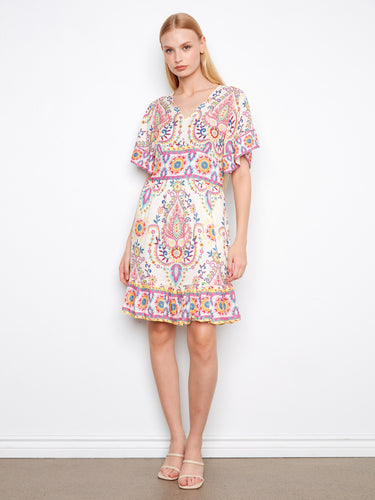 Dress with intricate abstract patterns and a flattering V-neck, enhanced by flutter sleeves for a chic look by Charlie B.