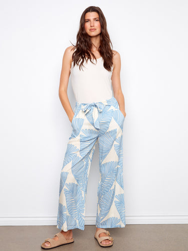 Cropped wide-leg pants with a self-tie belt and elegant abstract pattern, perfect for casual outings by Charlie B.