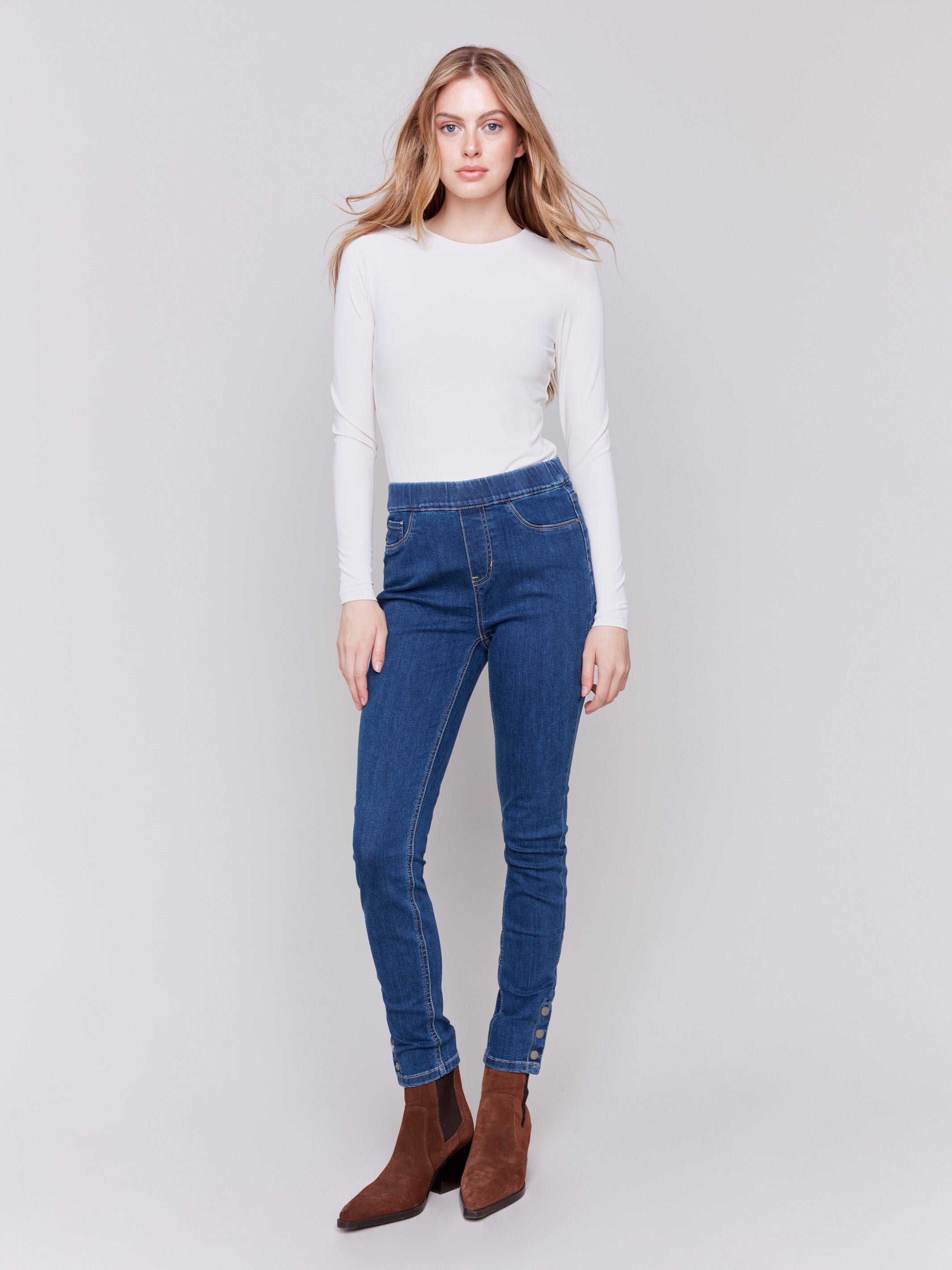 Pull On Jeans with Snap Button Hem Indigo Charlie B