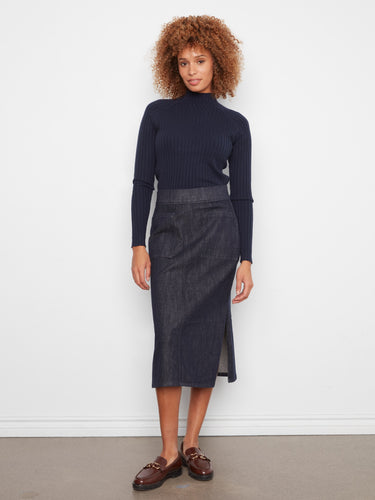Denim midi skirt with a regular rise and straight fit, featuring patch pockets, by Charlie B.