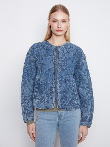 Denim jacket with a crew neckline and stylish welt pockets, crafted from 100% Tencel for comfort by Charlie B.