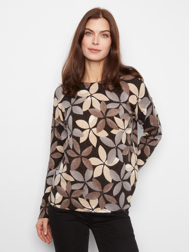 Sweater with a geometric pattern in warm tones, showcasing a crew neck and reversible design by Charlie B.