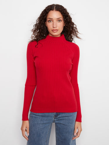 Elegant mock neck sweater in vibrant red, showcasing a ribbed knit texture for added style. Perfect for any occasion. By Charlie B.