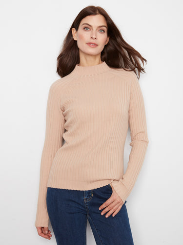 Beige ribbed knit sweater with a mock neck, offering a slim fit for an elegant look by Charlie B.