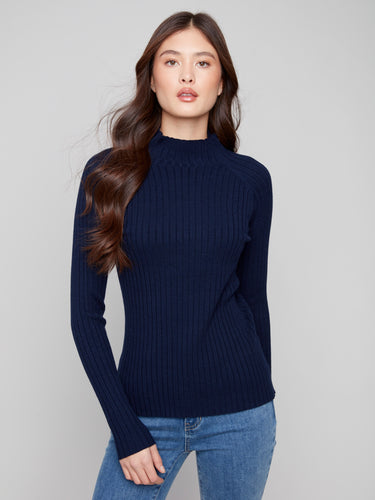 Elegant long-sleeve navy knit with a comfortable ribbed texture by Charlie B.