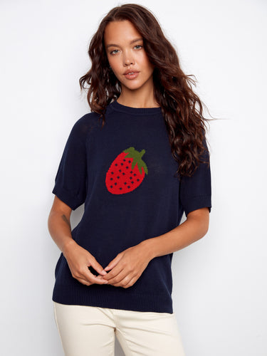 Strawberry print navy sweater with raglan short sleeves, offering a relaxed fit and soft texture. Made from 100% cotton by Charlie B.