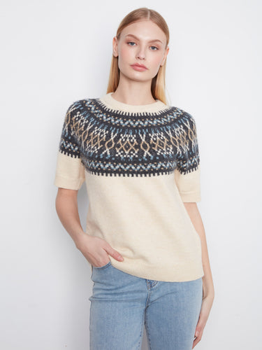 Ecru sweater featuring a soft brushed knit with a geometric pattern, perfect for cozy days by Charlie B.