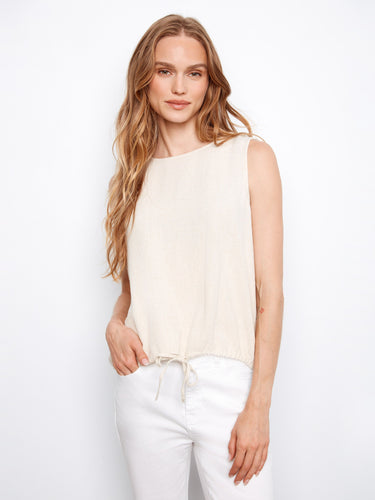 Natural linen-blend top with a stylish crew neckline and elegant sleeveless design, perfect for warm days by Charlie B.