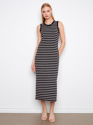 Black striped scuba dress with a flattering crew neckline and maxi length, perfect for any occasion by Charlie B.