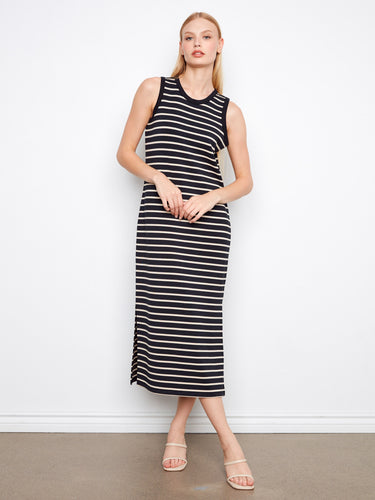 Elegant sleeveless striped scuba dress featuring stylish side slits, ideal for a chic look by Charlie B.
