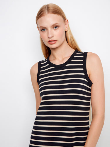 Denim-inspired black striped scuba dress crafted from stretch fabric for ultimate comfort and style by Charlie B.