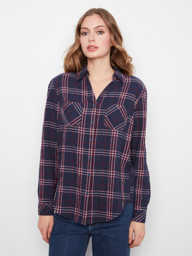 Midnight plaid shirt with classic collar and soft cotton-tencel blend, perfect for layering by Charlie B.