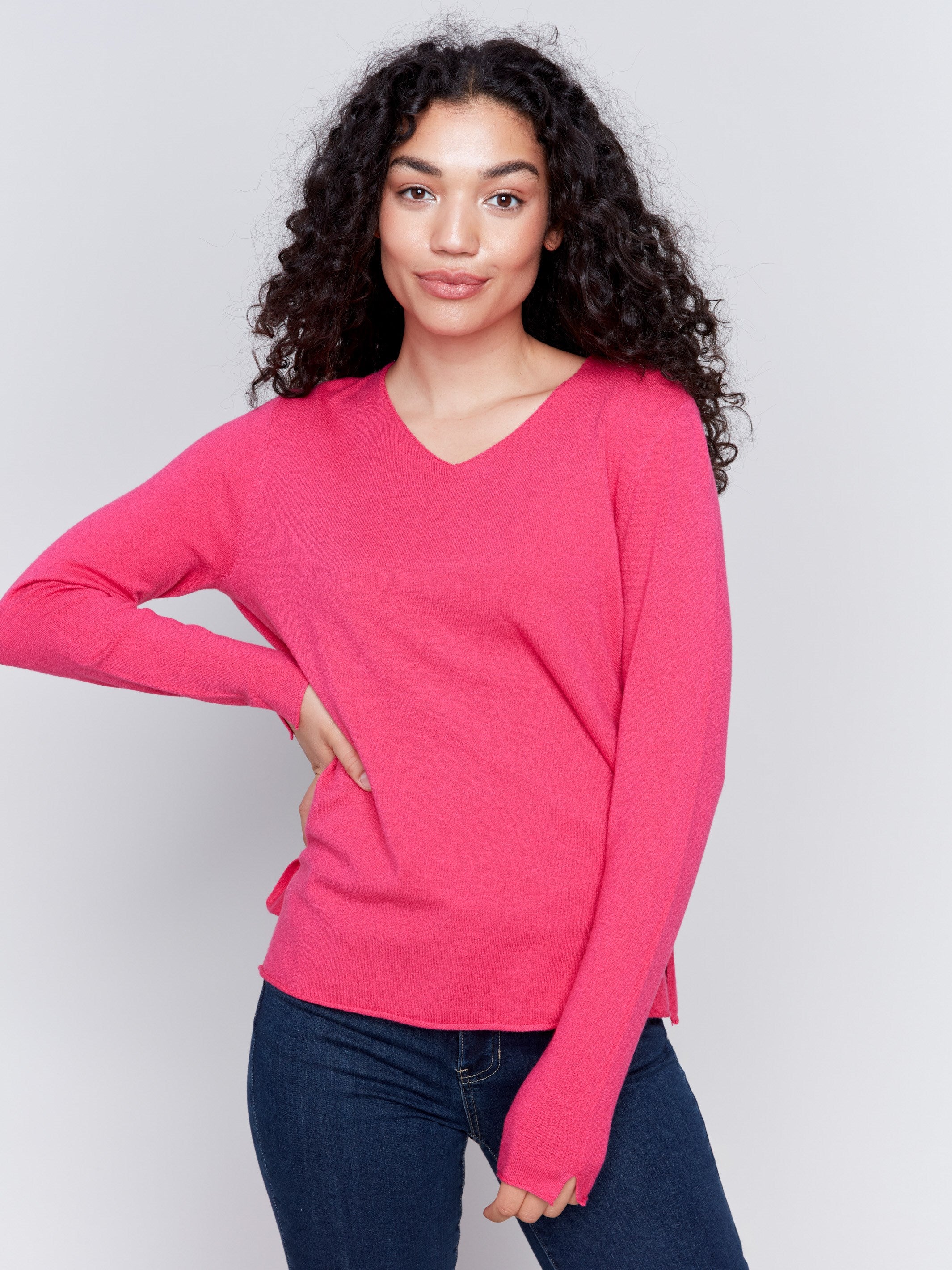 Women s Basic V Neck Sweater Magenta Charlie B