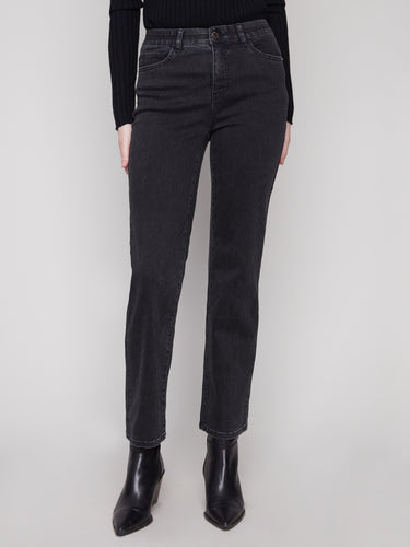 These charcoal jeans offer a long length and an elastic inside waistband for a perfect fit by Charlie B.
