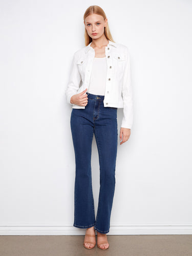 Long-sleeve stretch denim jacket featuring button-flap patch pockets, ideal for casual outings by Charlie B.