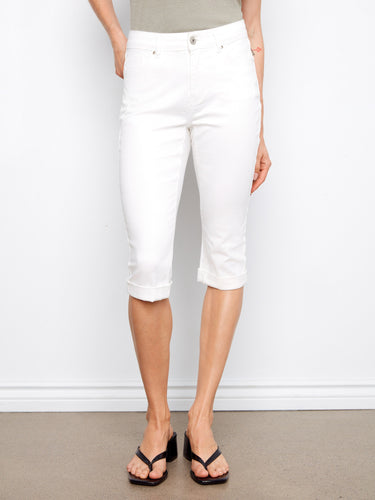 Featuring a five-pocket design, these white stretch twill pants offer style and functionality by Charlie B.
