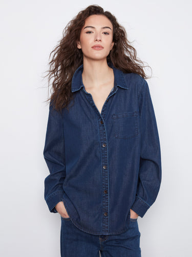 Indigo Tencel shirt with a relaxed fit and button-front closure, featuring a chest patch pocket. By Charlie B.
