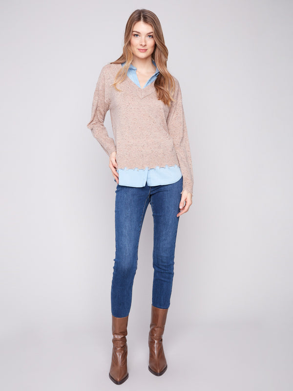 Stylish oat flecks sweater with side slits and poplin collar, perfect for a modern layered outfit by Charlie B.