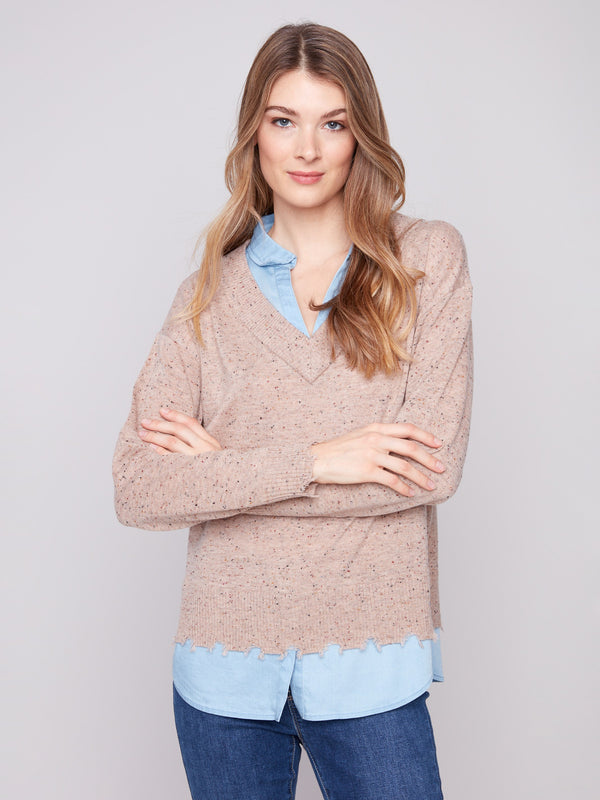 Cozy V-neck sweater in oat flecks with frayed finish at cuffs and hem, adding texture to your style by Charlie B.