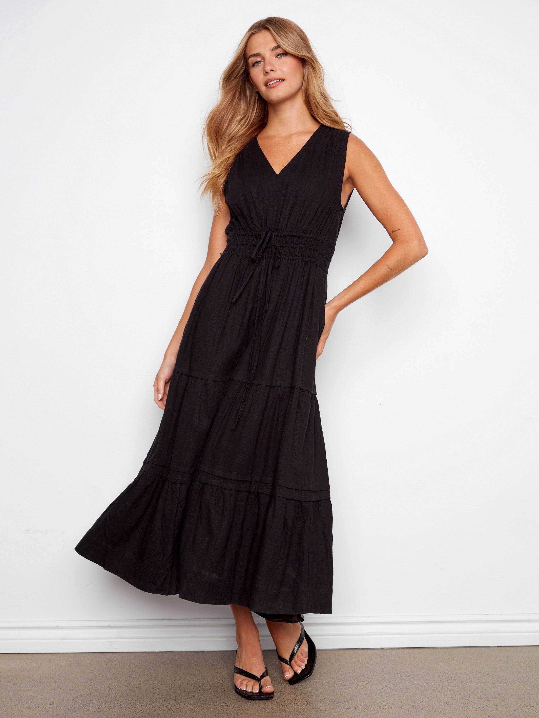 black tiered linen dress Black Linen Maxi Dress Loose Fit Tiered Dress With Pockets Pure Linen Summer Dress With Sleeves Minimalist Boho Style