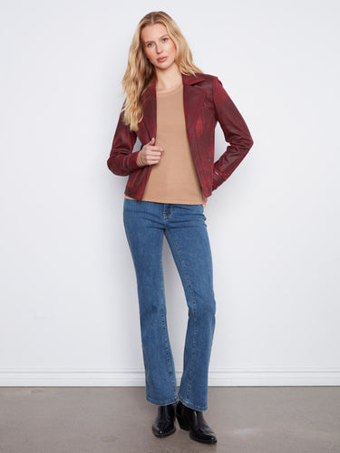 Merlot faux leather jacket featuring a stylish hook-and-bar closure, adding a touch of elegance to any outfit by Charlie B.