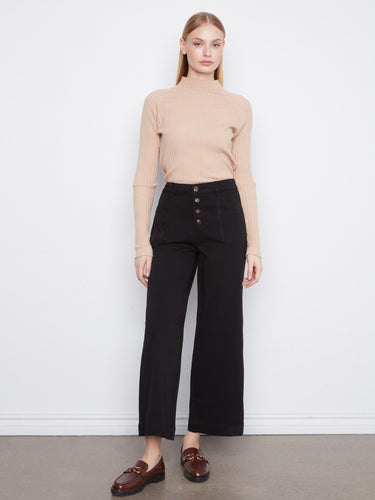 Black wide-leg twill pants with ankle length and button front by Charlie B.