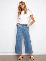 Soft blue wide-leg jeans with stretch denim, offering comfort and style, featuring a cropped length by Charlie B.
