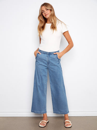 Soft blue wide-leg jeans with stretch denim, offering comfort and style, featuring a cropped length by Charlie B.