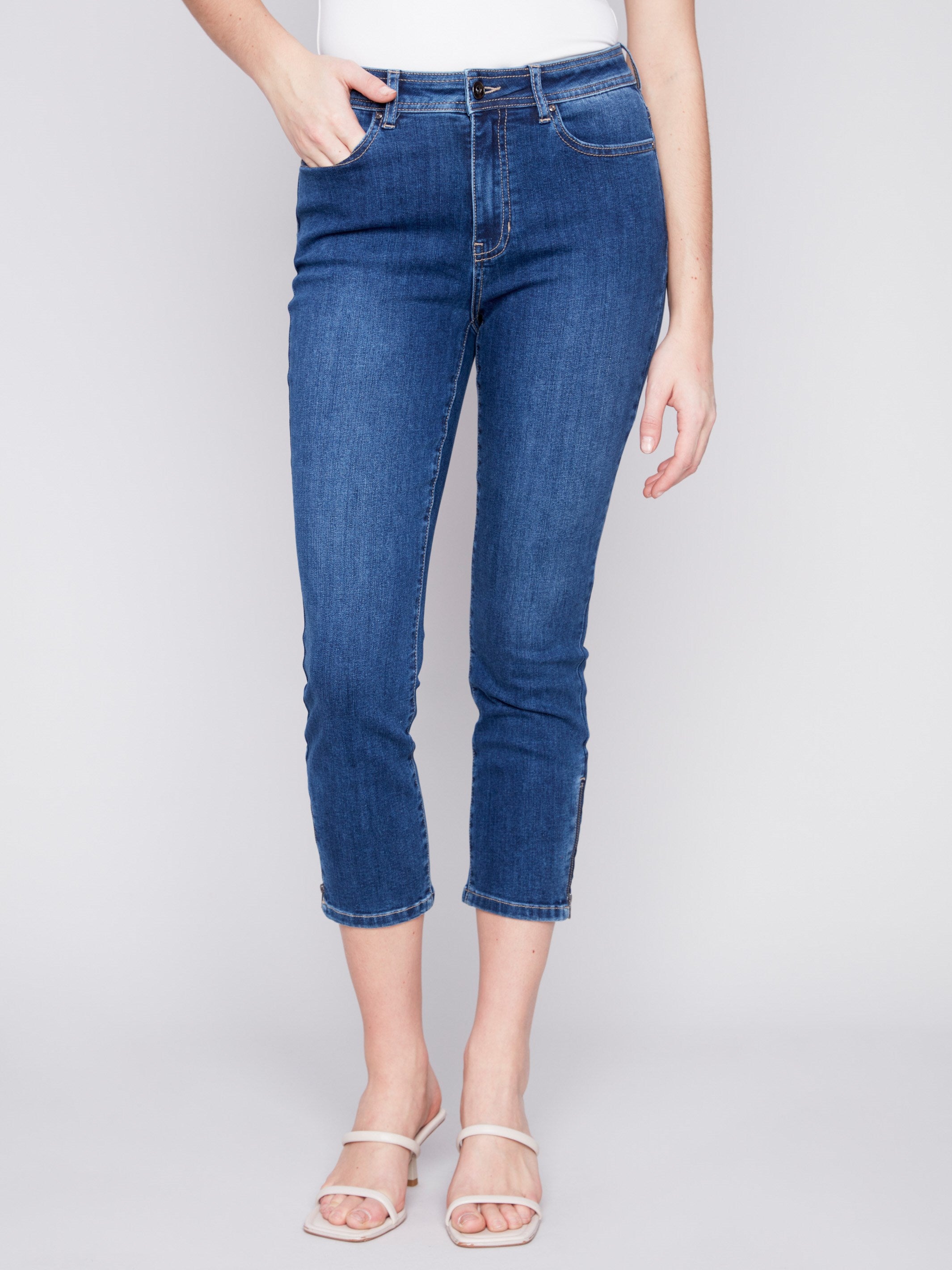 Charlie B Cropped Jeans with Zipper Detail - Indigo - Image 2