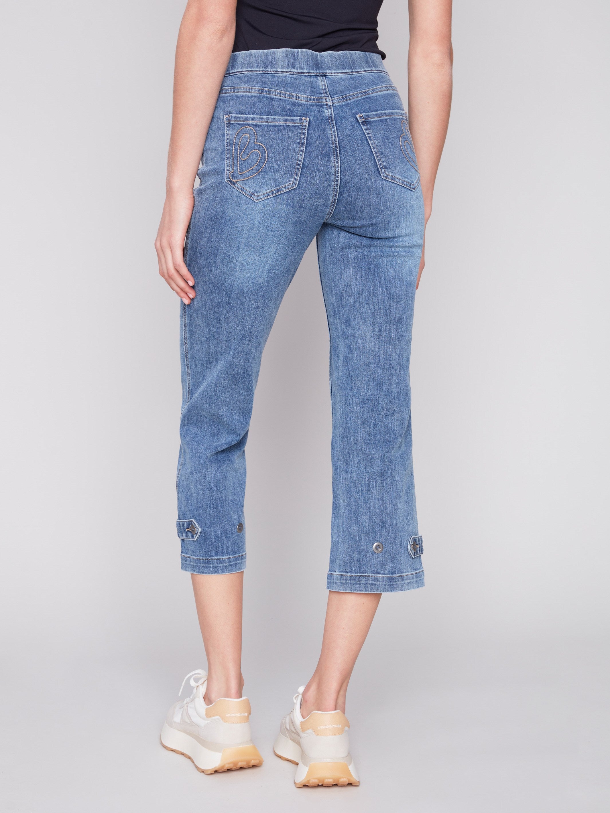 Charlie B Cropped Pull-On Jeans with Hem Tab - Medium Blue - Image 4