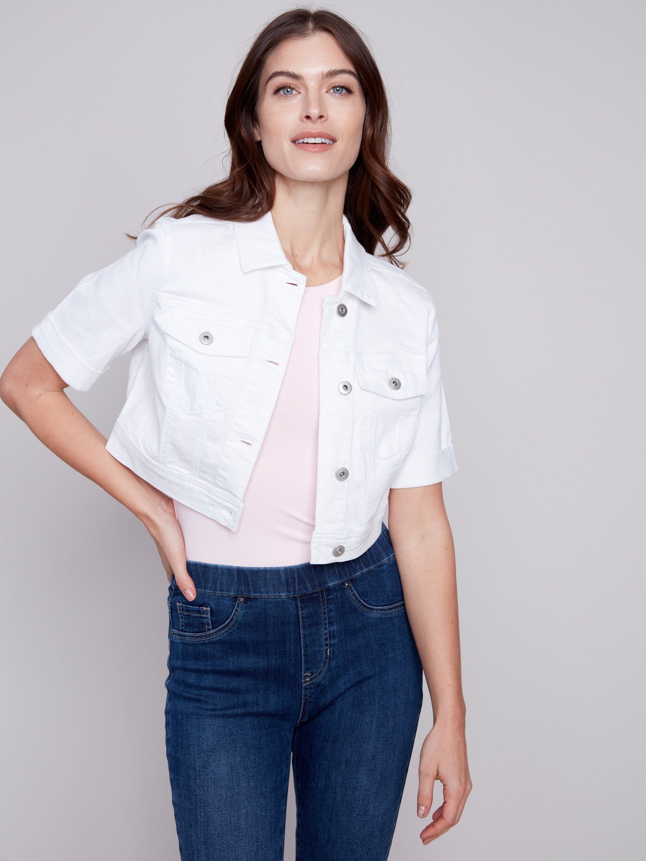 Charlie B Cropped Twill Jean Jacket - White - Image 3