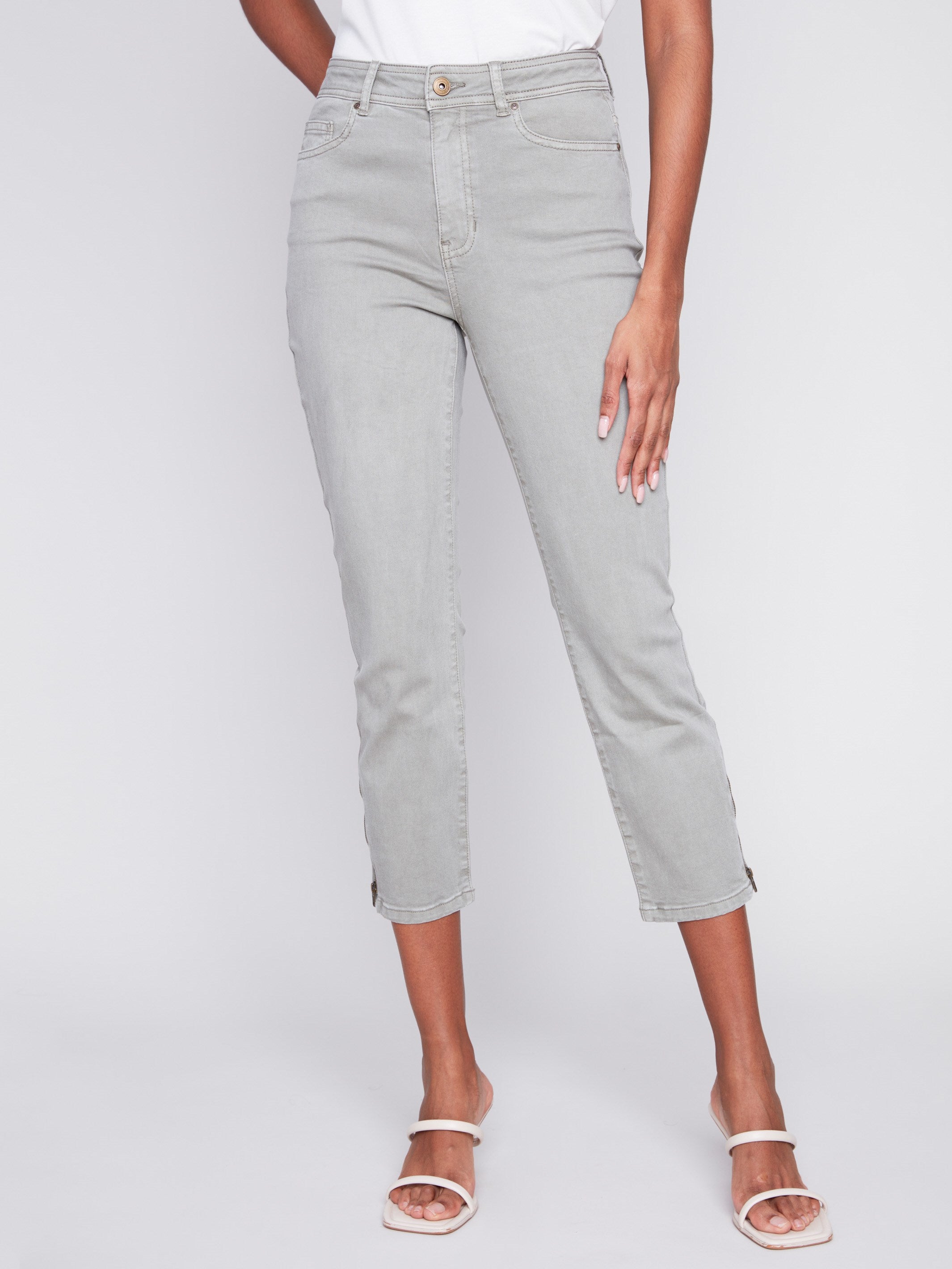 Charlie B Cropped Twill Pants with Zipper Detail - Celadon - Image 3