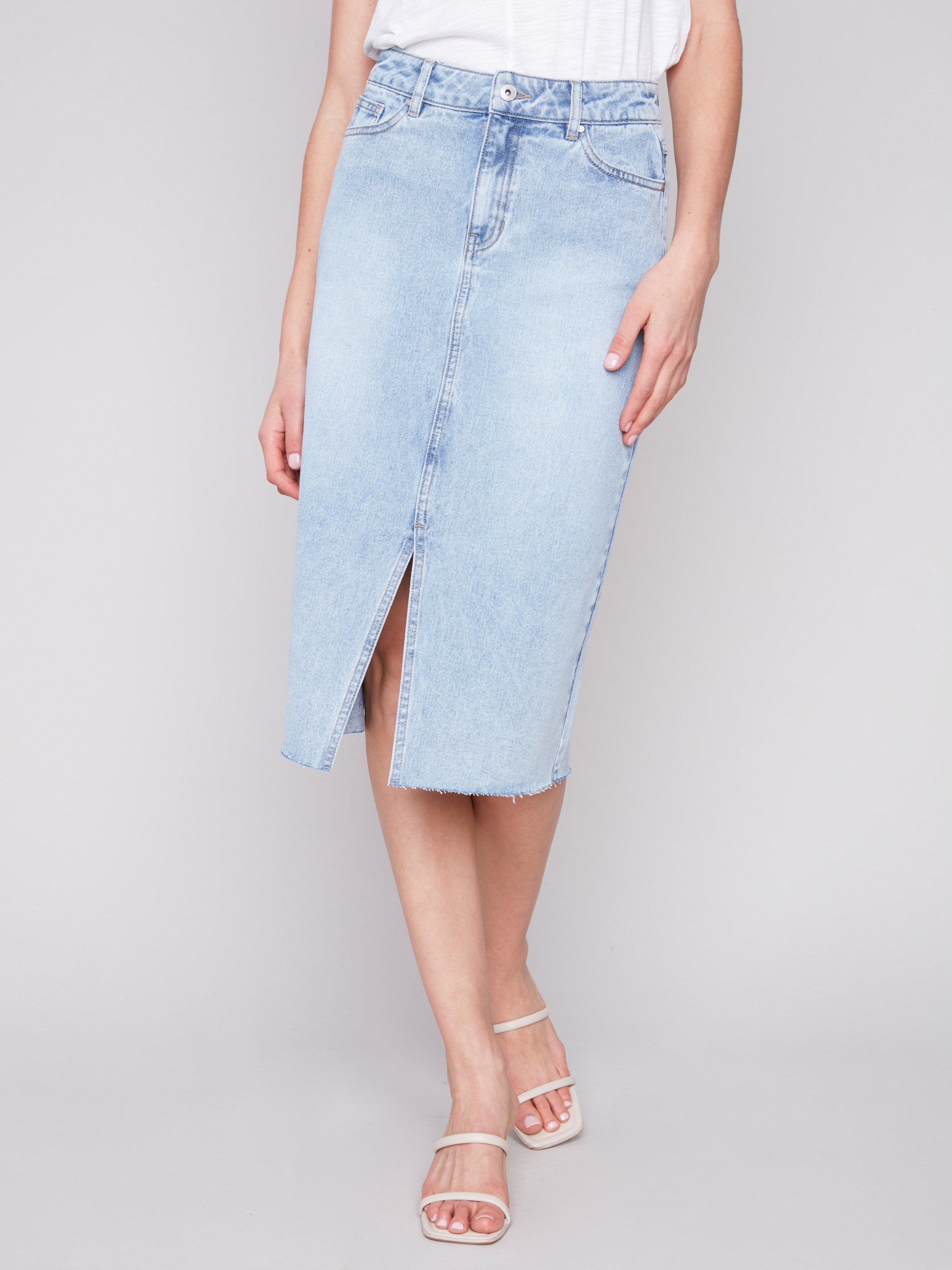 Denim Midi Skirt with Frayed Hem - Light Blue